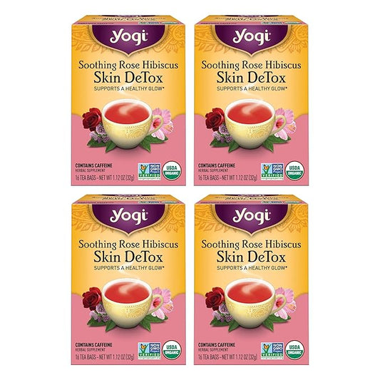 Yogi Tea Soothing Rose Hibiscus Skin DeTox Tea - 16 Tea Bags per Pack (4 Packs) - Organic DeTox Tea to Support Skin Health - Includes Green Tea Leaf, Rose Petal, Honeybush Leaf, Hibiscus & More
