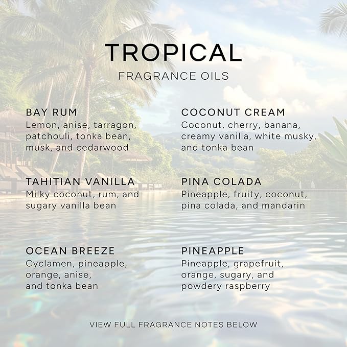 Eternal Essence Oils Tropical Set of 6 Premium Fragrance Oils - Includes Coconut Cream, Bay Rum, Pina Colada, Tahitian Vanilla, Ocean Breeze, and Pineapple Scented Oils - 10ML