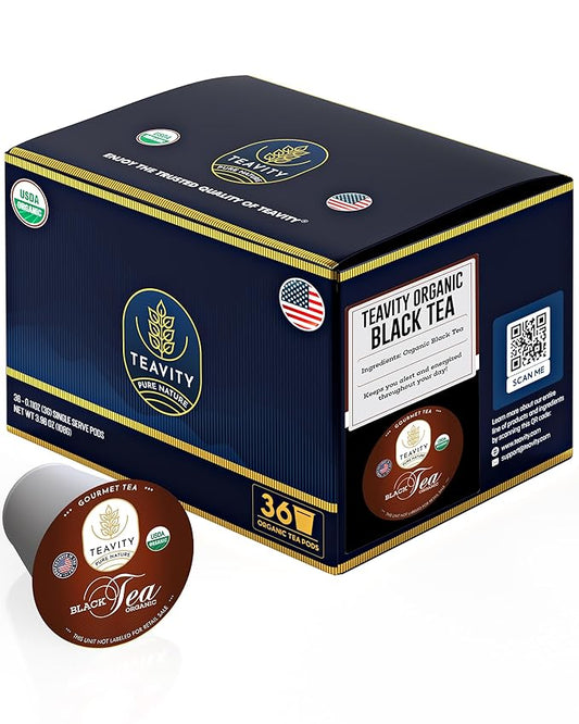 Organic Black Tea Pods for Keurig - Naturally Caffeinated Unsweetened Black Tea Pods by Teavity (36 Tea Pods)