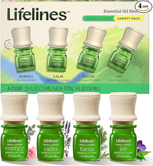 Lifelines Essential Oil Blends, 4-Pack - Blended Essential Oils with Precision Pump for Aromatherapy Diffusers - Long-Lasting Scented Fragrance - Herbal Garden (Joy, Calm, Focus & Energy)