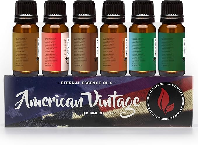 Eternal Essence Oils American Vintage Set of 6 Premium Fragrance Oils - Sandalwood Vanilla, Frankincense & Rain, Cardamom Cedar Blossom, Aspen Grass, Warm Rustic Woods, and Barbershop 1920-10ML