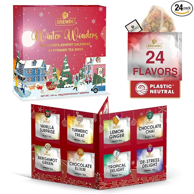 BREWIX, Tea Advent Calendar 2024 | 24 Pyramid Tea Bags - Luxury Gift Box | Selection of 24 Delightful Black/Green Teas and Infusions | Christmas Gift Idea for Men and Women