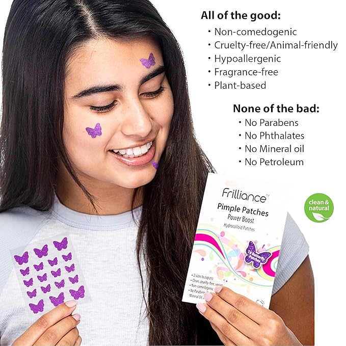 Frilliance Purple Butterfly Shaped Power Boost Salicylic & Hydrocolloid Acne Pimple Patches for Zits and Blemishes (18 Count, 2 Sizes), Vegan and Cruelty Free