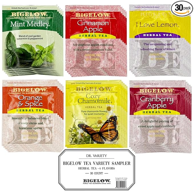 Bigelow Caffeine Free 6 Flavor Herbal Tea Variety Pack - Decaf Tea with Mint Medley, Cinnamon Apple, I Love Lemon, Orange & Spice, Cozy Chamomile, Cranberry Apple (30 Total Herbal Tea Bags) - Herbal Tea Sampler by Dr. Variety