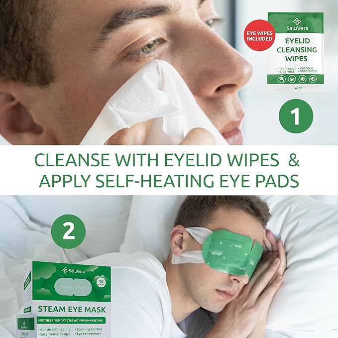 Steam Eye Mask for Dry Eyes with 5 Eyelid Cleansing Wipes, Self Heating Eye Compress for Dry Eyes, Soothe and Relax with 40-50 min Spa Eye Mask, Self Warming Eye Mask for Well-Being 16 pcs