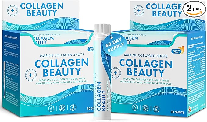Swedish Nutra - Collagen Beauty | 10,000 mg Hydrolyzed Marine Collagen Liquid Supplement - 60 x 25 ml Daily Shots | Hyaluronic Acid and Vitamin C to Support Healthy Hair, Skin, Nails | Sugar-Free