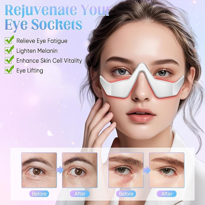 Under Eye Light Therapy Glasses, 2 Modes Light Therapy, Beauty Device with Eye Massage for Relieve Eye Fatigue, Eye Bags, Dark Circles (White)