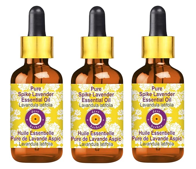 Deve Herbes Pure Spike Lavender Essential Oil (Lavandula latifolia) with Glass Dropper Steam Distilled (Pack of Three) 100ml X 3 (10 oz)