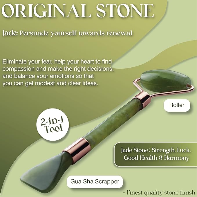 Jade Face Roller - Green Gua Sha Face Roller Kit for Skin Care | Kit Includes Jade Face Roller & Scraper Tool, Face Sponge, Scented Candle, & Crystal Essential Oil Bottle