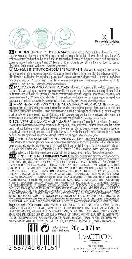 L'Action Paris Cucumber Purifying Spa Mask, Sheet Mask Balances and Purifies Skin, Enriched with Soothing Aloe Vera and Revitalising Papaya, Ideal for Tired Skin, Pack of 1