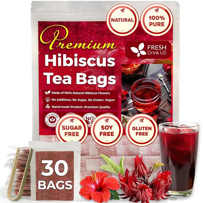 FreshDrinkUS Premium 30 Hibiscus Tea Bags, 100% Natural & Pure, Loose Flower Herbal Tea, No Sugar, Caffeine, Gluten, Vegan