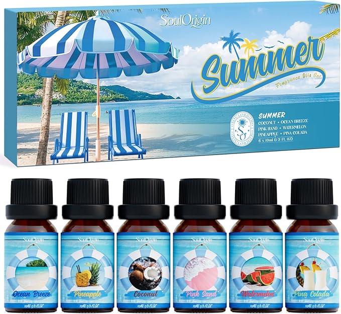 Summer Essential Oils Set, Fragrance Oil Gift Set for Oil Diffusers, Scented Oils for Soap Candle Making 6x10ml - Sea Breeze, Pineapple, Watermelon, Coconut, Pink Beach, and Pina Colada