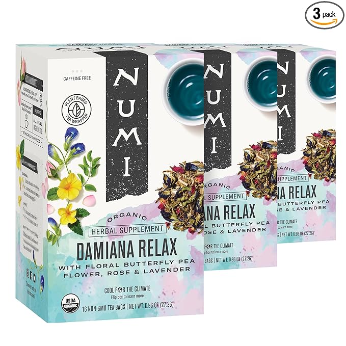 Numi Organic Damiana Relax Tea with Butterfly Pea Flower & Rose (Pack of 3), 16 Count Herbal Tea Bags