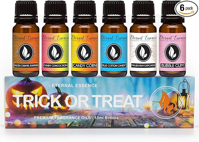 Eternal Essence Oils Trick Or Treat Set of 6 Premium Fragrance Oils - Salted Caramel Pumpkin, Candy Concoction, Bubble Gum, Malibu Rum Cupcakes, Candy Corn, and Blue Cotton Candy Scented Oils - 10ML