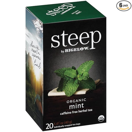 steep by Bigelow Organic Mint Herbal Tea, Caffeine Free, 20 Count (Pack of 6), 120 Total Tea Bags