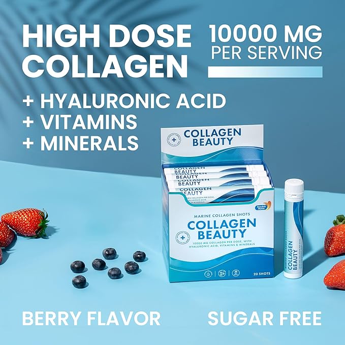 Swedish Nutra - Collagen Beauty | 10,000 mg Hydrolyzed Marine Collagen Liquid Supplement - 20 x 25 ml Daily Shots | Hyaluronic Acid and Vitamin C to Support Healthy Hair, Skin, Nails | Sugar-Free
