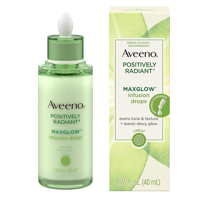 Aveeno Positively Radiant MaxGlow Infusion Drops with Moisture Rich Soy & Kiwi Complex, Hypoallergenic, Non-Comedogenic, Paraben- & Phthalate-Free Moisturizing Facial Serum, 1.35 fl. oz