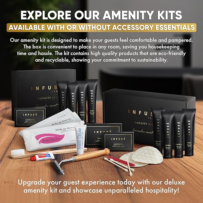Infuse Black Amenity Kit | Hotel Bulk Toiletries | 1 oz Shampoo, Conditioner, Lotion, Body Wash, Cleansing Bar Soap for Guest Hospitality Vacation Rentals | 1 Set/Case