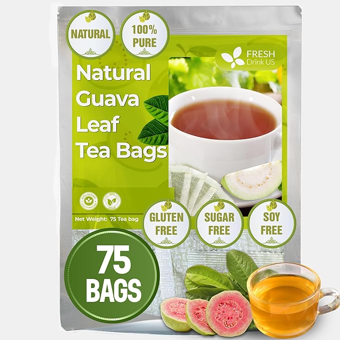 FreshDrinkUS, Premium 75 Guava Leaf Tea Bags, 100% Natural & Pure from Guava Leaves. Loose Leaf Guava Herbal Tea. Guava Leaf Tea. No Sugar, No Caffeine, No Gluten, Vegan.