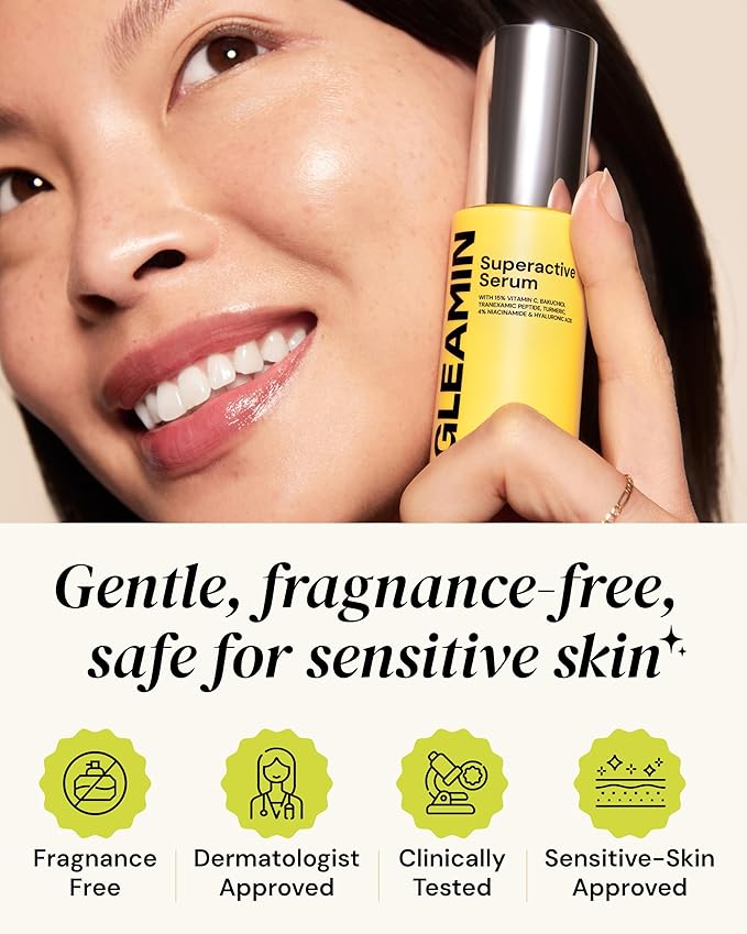 Gleamin Superactive Vitamin C Serum – 15% Vitamin C, 3% Tranexamic Acid, 4% Niacinamide & Bakuchiol – Reduces Discoloration, Uneven Tone, Brightens Skin & Smooths Texture – Fragrance-Free, 1 fl oz