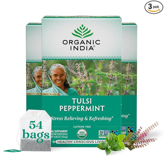 ORGANIC INDIA Tulsi Peppermint Tea - Caffeine Free Herbal Mint Tea - Stress Relieving Holy Basil, Immune & Digestion Support, Vegan, USDA Certified Organic, Fairtrade - 18 Infusion Bags, 3 Pack
