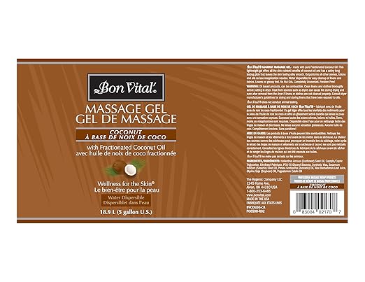 Bon Vital' Coconut Massage Gel with 100% Pure Fractionated Coconut Oil, Great for At-Home Use in Back Massages & Neck Massages, Moisturizes Skin Without Clogging Pores, 5 Gal, Label may Vary