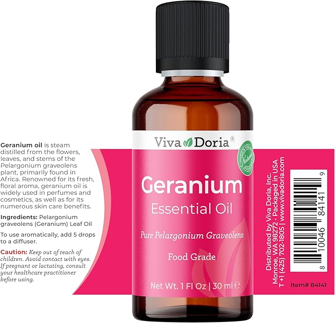 Viva Doria Geranium Essential Oil, 100% Pure, Natural Essential Oil, Undiluted, for Aromatherapy | Food Grade, 30 mL (1 Fluid Ounce)
