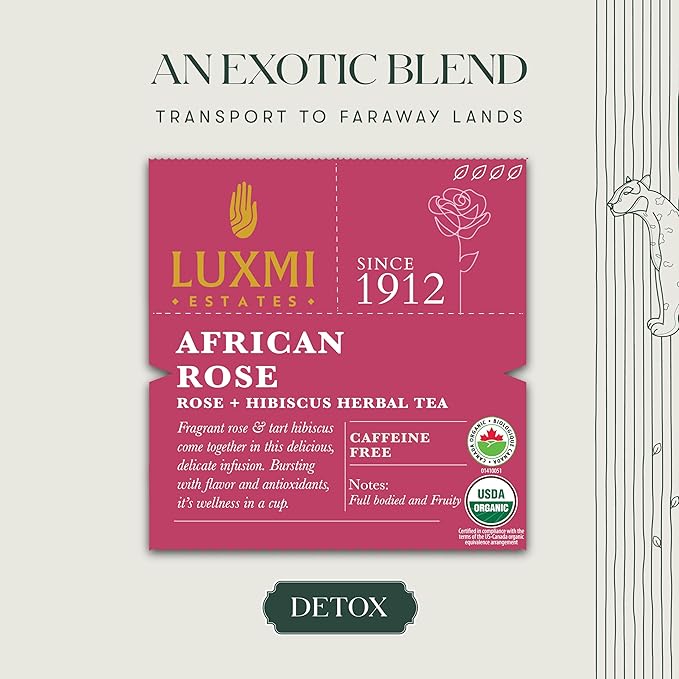 Luxmi Estates - African Rose - Organic Hibiscus Rose Tea - 50 Tea Bags | With Soothing Rose and Hibiscus | Great for Skin DeTox - Supports a Healthy Glow