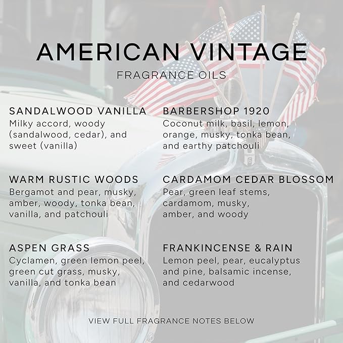 Eternal Essence Oils American Vintage Set of 6 Premium Fragrance Oils - Sandalwood Vanilla, Frankincense & Rain, Cardamom Cedar Blossom, Aspen Grass, Warm Rustic Woods, and Barbershop 1920-10ML