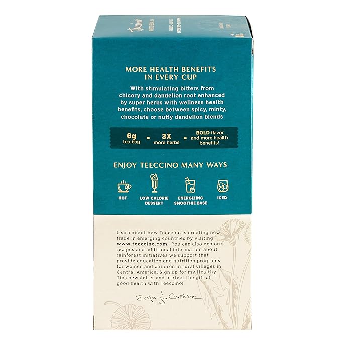 Teeccino Dandelion Coconut Tea - Caffeine Free, Roasted Herbal Tea with Prebiotics, 3x More Herbs than Regular Tea Bags, Gluten Free - 25 Tea Bags