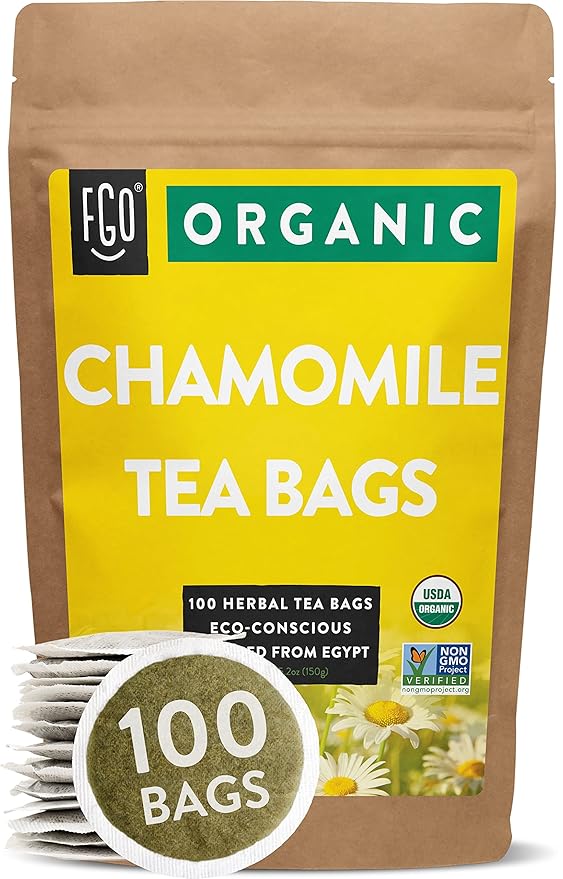 FGO Organic Chamomile Tea, 100 Eco-Conscious Tea Bags, Caffeine Free, Resealable Bag, Packaging May Vary (Pack of 1)