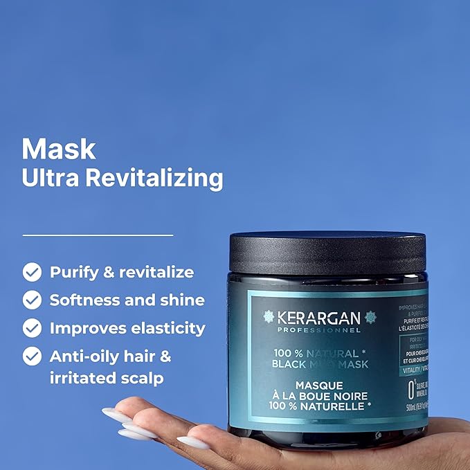KERARGAN - Revitalizing Hair Mask with Dead Sea Black Mud - Intense Vitality for Oily Hair & Irritated Scalp - Purifies & Enhances Elasticity - Sulfate-Free, GMO-Free, Mineral Oil-Free - 16.9 Fl oz