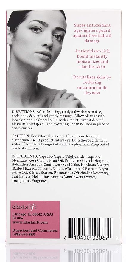 Elastalift Rosehip Oil for face with Vitamin C and Cucumber. Pure Rosehip face oil helps with Wrinkles, Scarring, and Redness for a brighter skin complexion. 1.8 Fl Oz