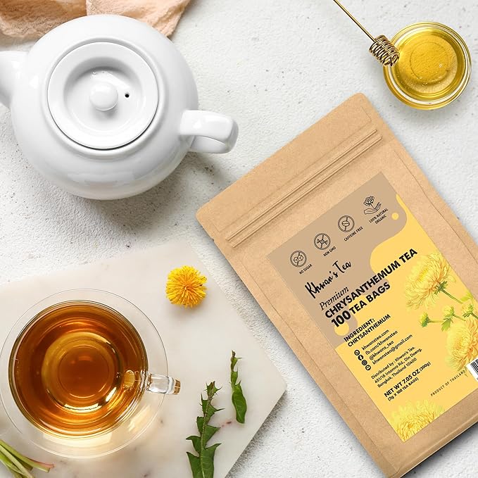 Chrysanthemum Tea Bags 2gx100 counts, Dried Chrysanthemum Flowers Powder Ground, Flower Tea Bag, Caffeine-Free, Non-GMO, Vegan - From Thailand (7oz)