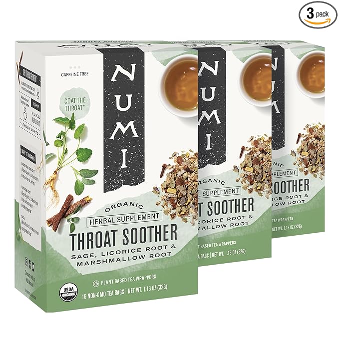Numi Organic Throat Soother Tea, 16 Tea Bags (Pack of 3), Licorice and Marshmallow Root Tea
