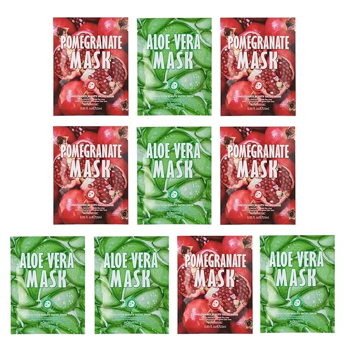 Facial mask Moisturizing face Mask Deep Hydration, Improves Dry Skin, Sheet Mask, 10pcs Sheet Mask Hydrating & Soothing Skin Care Pomegranate and Aloe Vera Beauty Facial Mask (10PCS, A+P)