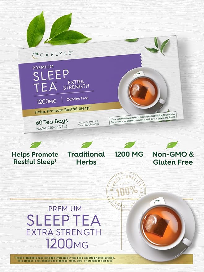Carlyle Sleep Tea Extra Strength | 60 Tea Bags | Caffeine Free | Bedtime Tea | Herbal Blend with Valerian Root | Vegetarian, Non-GMO, Gluten Free