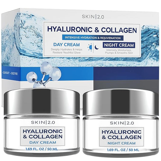 Hyaluronic Acid & Collagen Day & Night Face Moisturizer - Dermatologist Tested, Hydrating, Anti-Aging, Clean Beauty, Cruelty-Free, Korean Skincare for All Skin Types - 1.69 Fl oz (2-Pack)