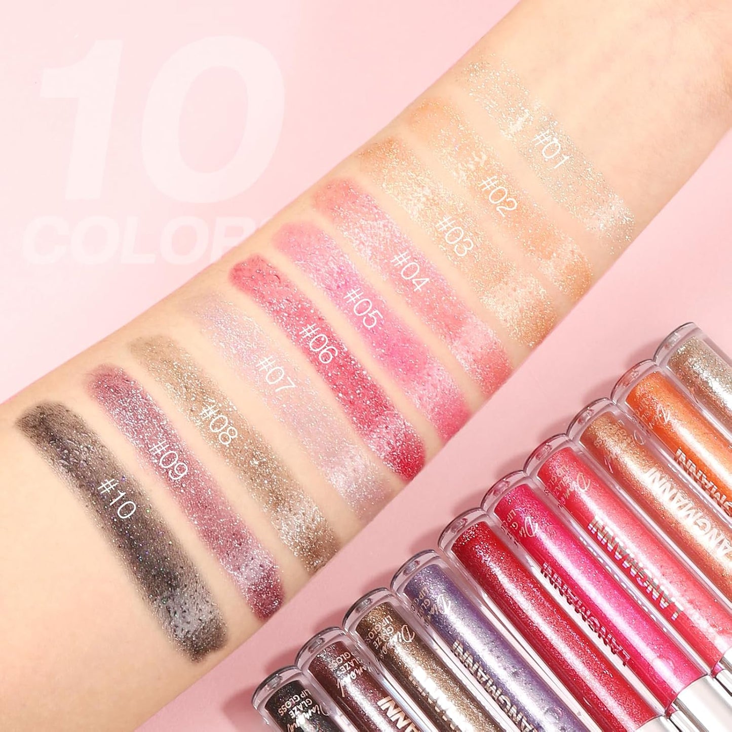 LANGMANNI 4 Colors Diamond Glitter Lip Gloss Set,Long Lasting High Shine Shimmer Liquid Lipstick Set,Hydrating,Moisturizing Lip Gloss Kit Gift Makeup For Girls(#01+02+03+04)