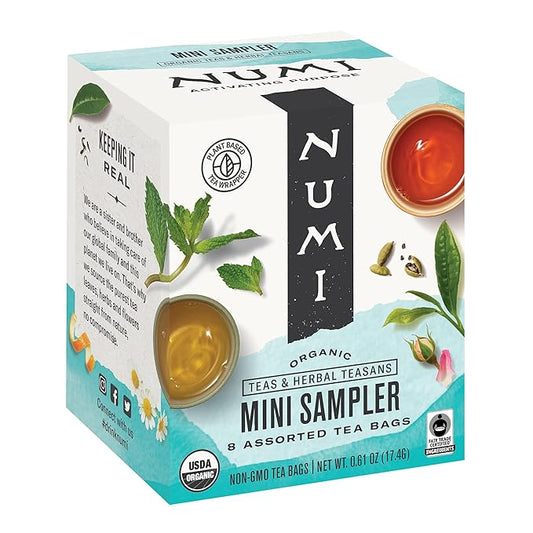 Numi Organic Tea Mini Sampler Variety Pack, 8 Count Box, Assorted Black Tea, Green Tea, White Tea, Herbal Tea Bags