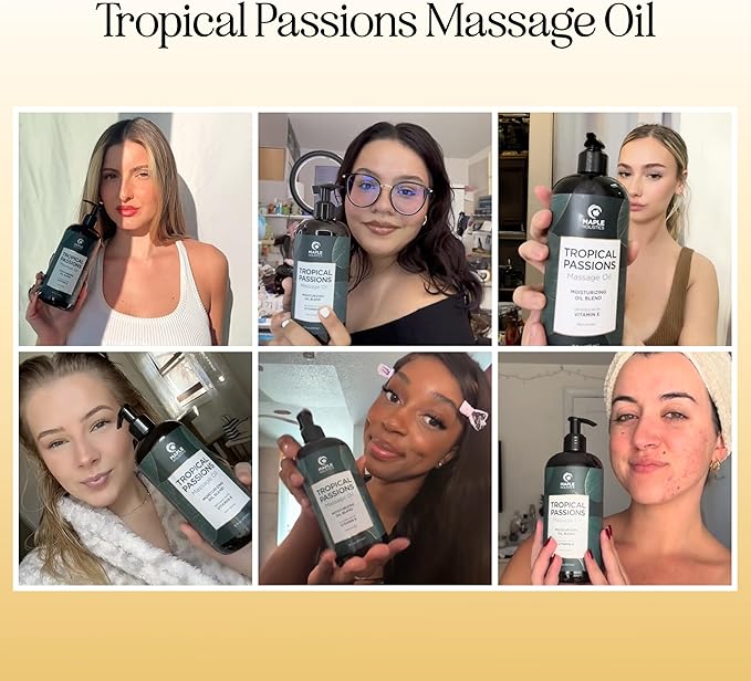 Tropical Massage Oil for Couples Relaxation - Full Body Massage Oil for Date Night with Smooth Gliding Coconut and Sweet Almond Oil with Mango Scent - Non GMO Gluten Free & Vegan (16 Fl Oz)