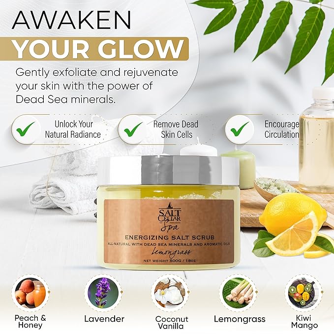 Salt Cellar Spa All-Natural Dead Sea Salt Scrub - Refresh with Coconut Vanilla - Energize, Revive, and Rejuvenate your Skin - Made in Israel, Cruelty-Free, 18 oz.