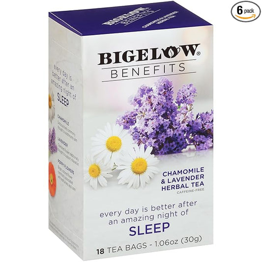 Bigelow Benefits Sleep Chamomile Lavender Herbal Tea, Caffeine Free, 18 Count (Pack of 6), 108 Total Tea Bags