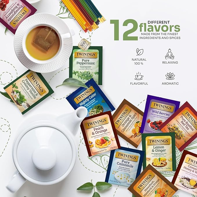 Tea Bunch Twinings 48 Tea Bags Herbal Variety Pack – 12 Herbal Flavors with 20 Honey Sticks, Perfect Tea Gift Set for Any Occasion