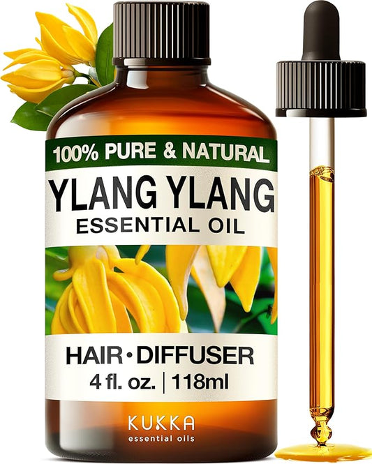 Kukka Ylang-Ylang Essential Oil for Diffuser & Skin - 4 Fl Oz - 100% Pure Natural Ylang Ylang Oil - Boasting a Long Lasting & Exotic Floral Scent fit for Hair, Aromatherapy & DIY Soap Making