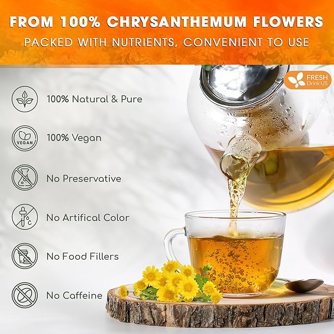 FreshDrinkUS Premium Chrysanthemum Flower Tea Bags - 120 Count, 100% Natural and Pure, Eco-Conscious. Herbal Tea, No Sugar, No Caffeine, No Gluten, Vegan