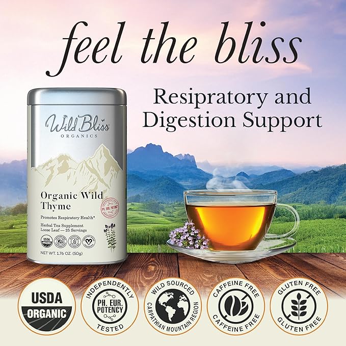 Wild Bliss Organic Wild Breckland Thyme Tea - Caffeine Free Loose Leaf Herbal Tea - Resipratory and Digestion Support - 1.76 Oz - 25 Servings
