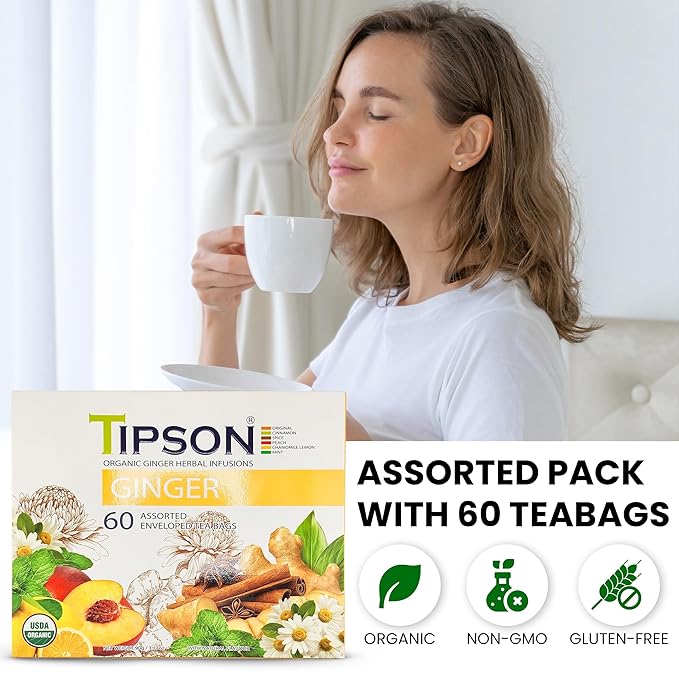 Tipson Organic Ginger Variety Sampler - 6 Flavors (60 Tea Bags), Herbal Tea Infusions - USDA Organic, Non GMO, and Gluten Free