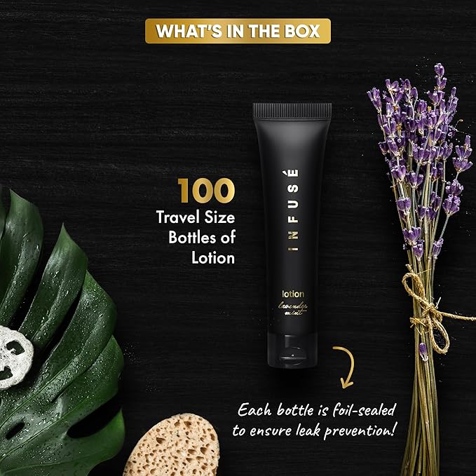 Infuse Black Hotel Toiletries Bulk | 1 oz Lotion Travel Size | For Hotels, Vacation Rentals, Gym, Luxury, Airport | Case of 100