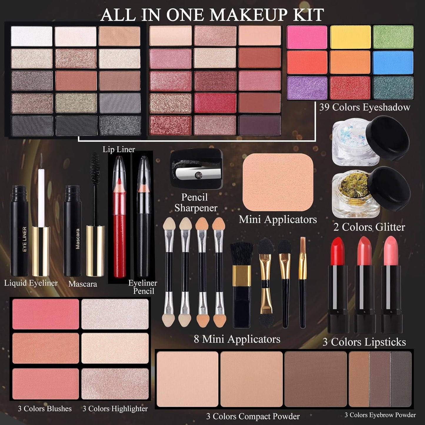 Professional Makeup Kit for Women Girl Full Kit with Mirror 60 Colors All in One Make up Gift Set Included Eyeshadow,Blusher,Highlighter,Compact Powder,Brow Powder,Lipstick,Glitter,Eyeliner,Mascara 01